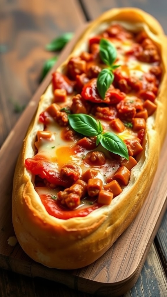 A Cheesy Lasagna Bread Boat stuffed with meat and cheese, garnished with basil, on a wooden table.